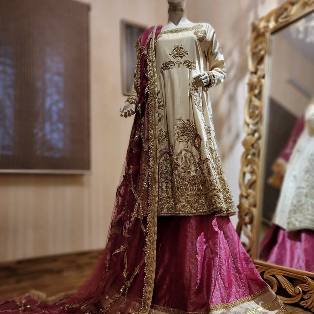 Elegant Cream and Maroon Embroidered Dress